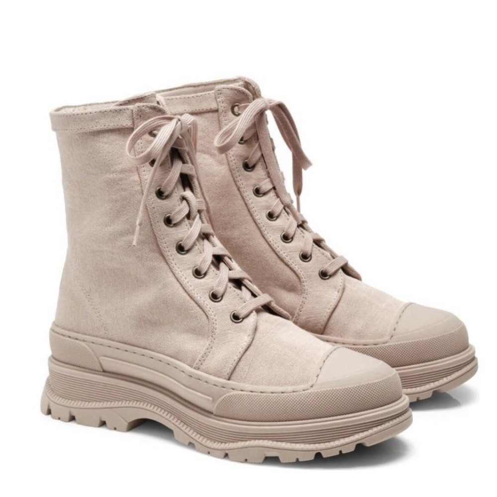 FREE PEOPLE Camp Out Canvas‎ Combat Boot, Natural, Tan/Pink, Size 9, NWT